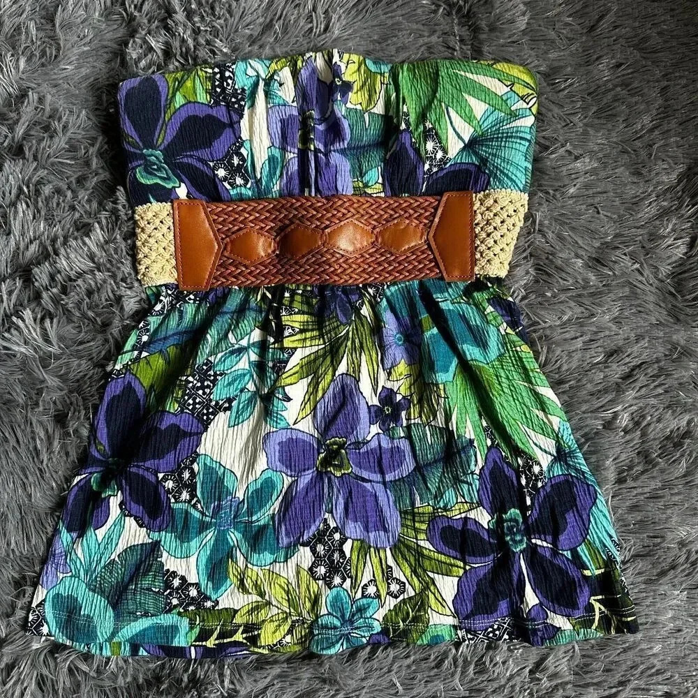Bongo top medium green floral tube top macrame‎ belt boho festival vintage Y2K